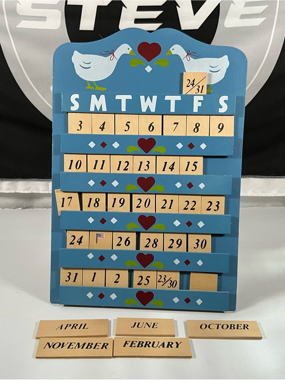 Vintage Handmade Wooden Geese Perpetual Country Calendar Wall Hanging Incomplete